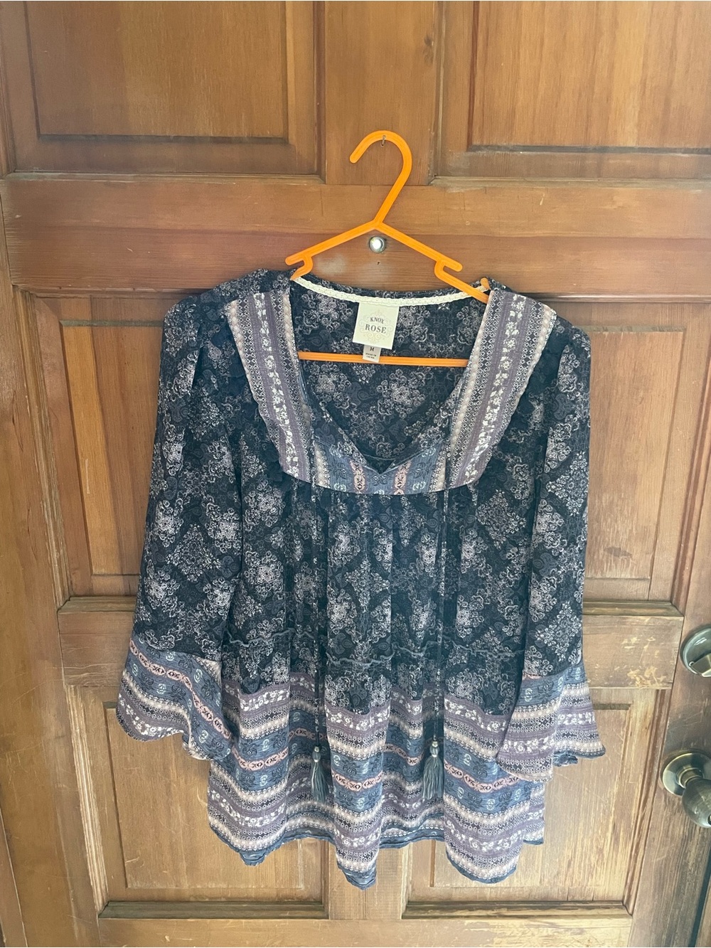 Knox Rose Navy Floral Border-Print Peasant Top